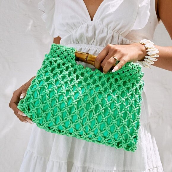 Green Vacation Women's Elegant Ladies Neon Hollow Out Crochet Bag - Picture 4 of 9